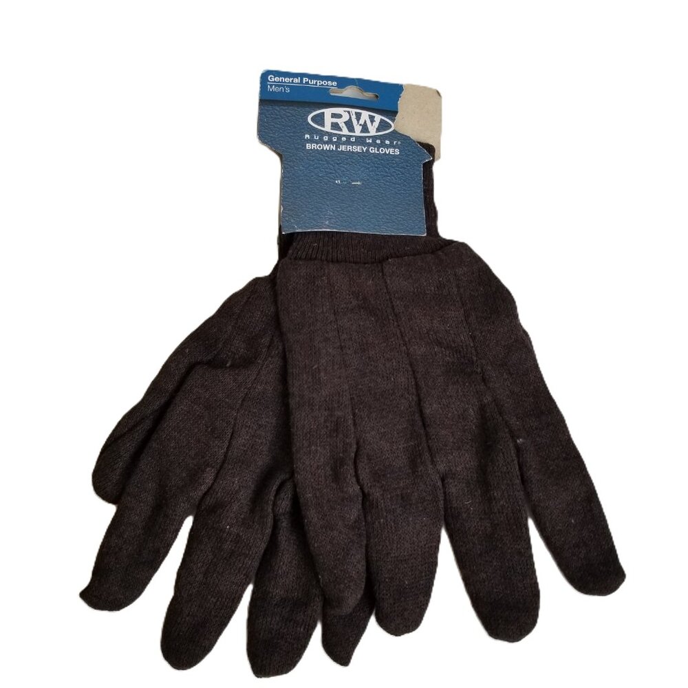RW Rugged Wear Brown Jersey Gloves Mens New Work Garden Utility Chore Knit Wrist
